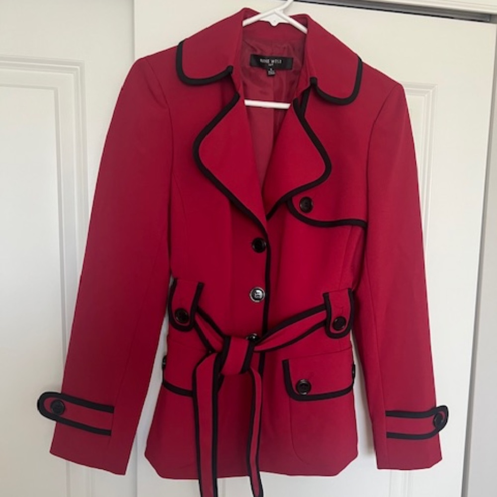 Red Nine West Blazer Jacket with Black Piping and Tie Waist - Size 4